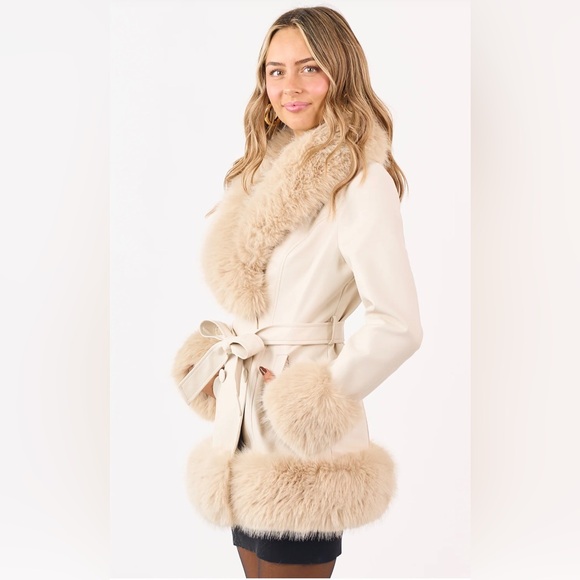 New Size Large Faux Leather Long Coat with Faux Fur Removable Trim, light beige - Picture 13 of 16